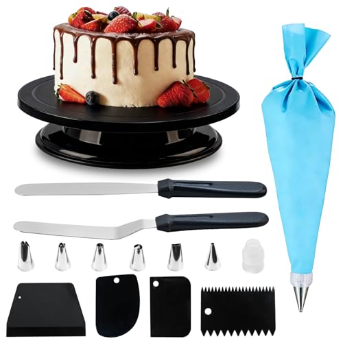 1 Stk Tortenplatte Drehbar, Torten Drehplatte Kuchenständer, Drehbarer Tortenständer, Kuchen Drehteller, Torten Zubehör, mit 2 Stk 10 Zoll Spateln, 4 Schabern, 8 Spritzbeuteln Spritzspitzen (Schwarz)