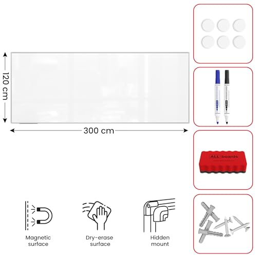 ALLboards Magnetisches Whiteboard 300x120cm Magnettafel mit Aluminiumrahmen Premium EXPO und Stifteablage, Weiß Magnetisch Tafel, Trocken Abwischbar, Wiederbeschreibbar Weißtafel