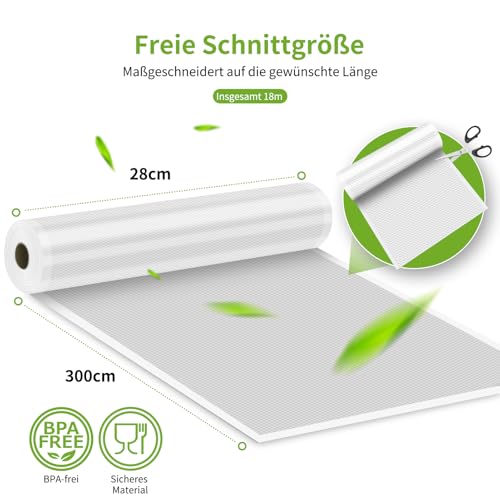 Vakuumierbeutel 6 Rollen Vakuumierfolie 28x300cm(18m), Profi- Folienrollen Vakuumierer Lebensmittel BPA-frei, stark & reißfest, für alle Vakuumierer & Sous Vide