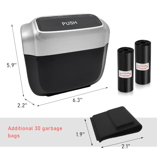 Image of Car Trash Can with Lid, Mini Hanging Push Car Garbage Container with 30 Trush Bags, Portable Leakproof Rubbish Organizer for Most Vehicles Office Home, Car Accessories (Silver)