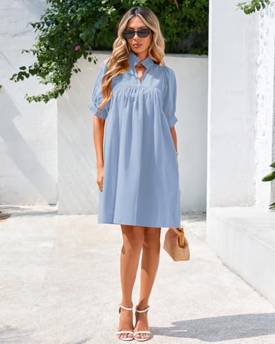 Image of YEXPINE Women's Ruffle Collar High Neck Mini Dress Puff Short Sleeve Cotton Babydoll Peplum Dresses with Pockets