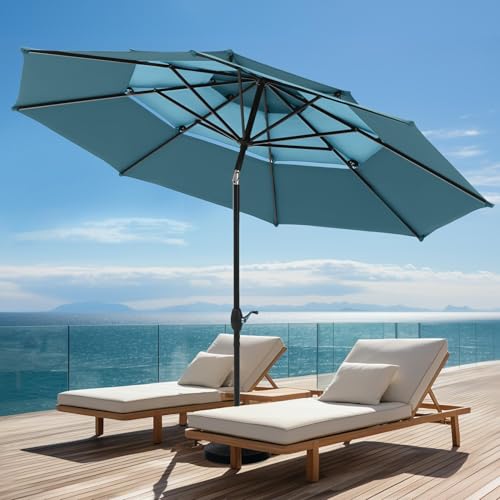 Image of PHI VILLA 10ft Outdoor Patio Umbrella for Outside, 3 Tier Vented Round Market Table Umbrella Windproof for Backyard, Deck, Garden, Cyan & Green (No Base)