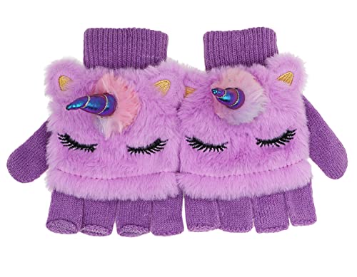 Kids Unicorn Flip Top Gloves with Mitten Cover Knitted Winter Fingerless Convertible Mittens for Boy Girls Toddler