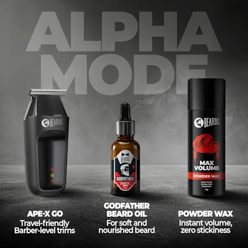 Image of Beardo Alpha Edge Combo for Men | Ape-X Go Trimmer (5500 RPM, 80 Min Run Time, Travel Friendly), Godfather Lite Beard Oil (30ml), Max Volume Powder Wax (10g) | Complete Beard & Hair Grooming Kit | Gift for Men