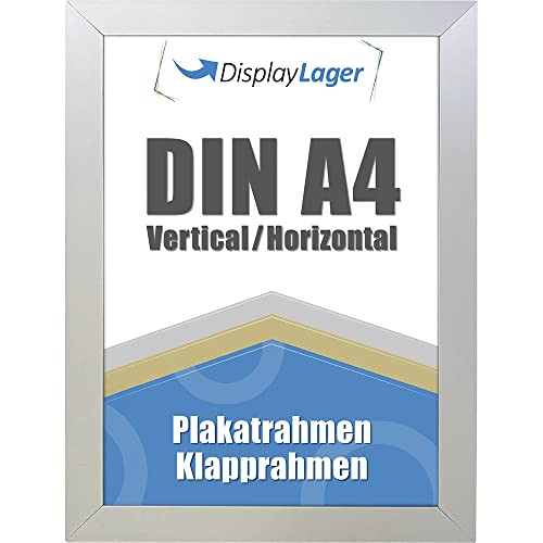DisplayLager - Flat Profile Klapprahmen, Dünne 20mm Aluminium Profil, Entspiegelter Schutzscheibe, Befestigungsmaterial (Silber, A4)