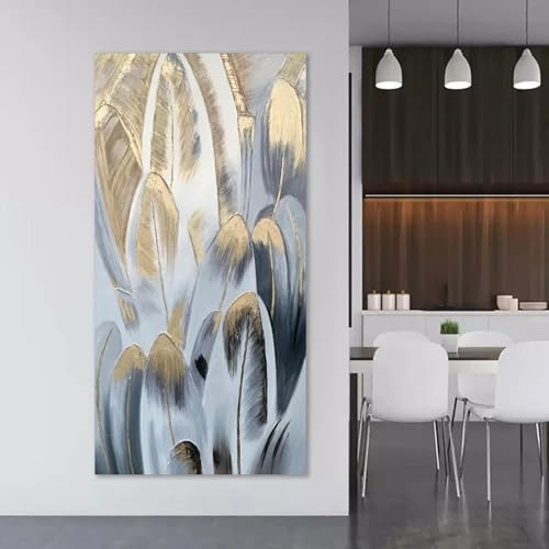 Art mural abstrait haut de gamme toile plumes de feuilles dorées et argentées 160cm