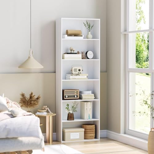 MXV Bookshelf, 6-Tier Open Bookcase, Storage Shelves, Display Storage Shelves, Floor Standing Unit, Home Decor, Furniture for Home Office, Living Room, Bedroom, White2