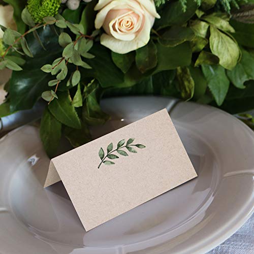 321Done Greenery Place Cards, Made in USA - 3.5x2, Blank Tent Cards for Name Food Table Setting Dinner Party Seating Wedding Rustic Green Leaves in Tan - Set of 24