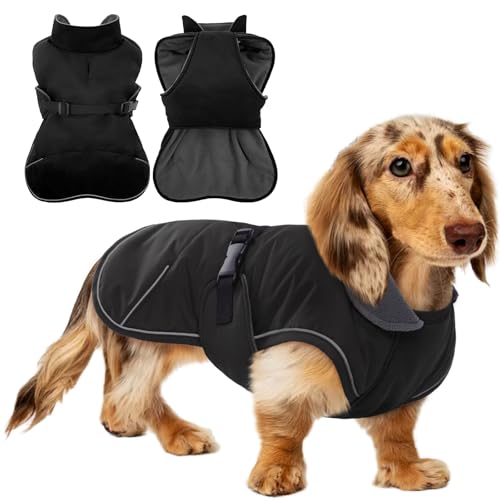 Mini Dachshund Coat with Warm Fleece Lining, Thick Miniature Weiner Vest Jacket, Waterproof & Windproof Wiener Winter Clothes, Outdoor Clothes for Small Dachshunds Puppy, Boy & Girl Dogs(Black, XS)