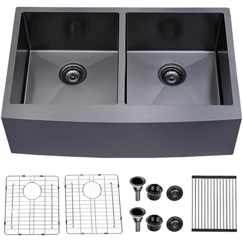 Image of SHACO 50 /50 Double Bowl Black Farmhouse Sink, 33 x 21 Inch Gunmetal Black Stainless Steel 16 Gauge Divided Double Basin Apron Front Farm Kitchen Sink