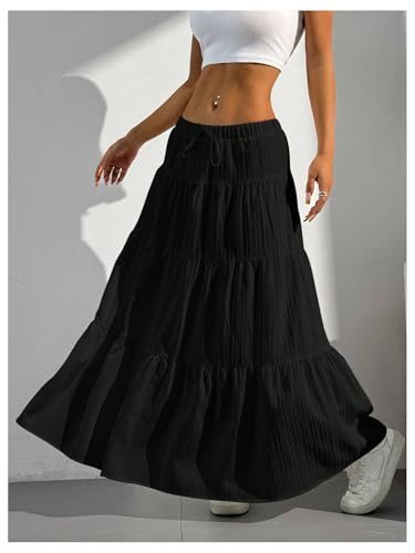 Image of Verdusa Women's Long Maxi Skirt Boho Flowy Flared Ruffle Skirts 2026 Beach Vacation Summer Going Out Outfits