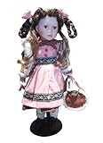 PRESTIGE & DELUXE Muñeca vintage de colección de 40 cm con pedestal, cara de porcelana, vestido rosa bordado, pelo trenzado, chaqueta con piel sintética, decoración del hogar, idea de regalo