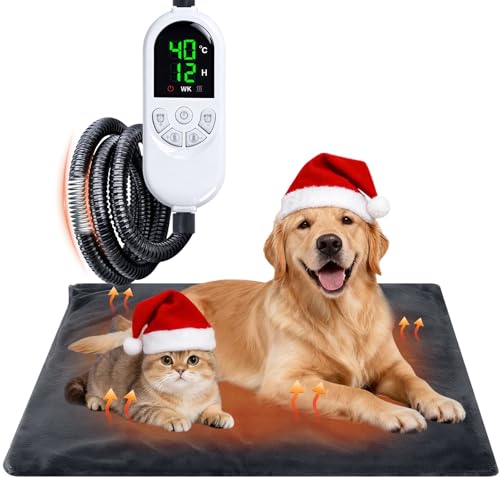 Qoosea Tappetino Riscaldante per Gatti e Cani 45x70cm, Tappeto Termico per Animali con 30-60°C Temperatura Regolabile e Timer, Cuscino Termico Elettrico Cane Sicuro con Cavo Anti-Morso