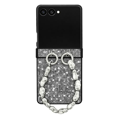 casafyne for Samsung Galaxy Z Flip 7 Case with Metal Chain Phone Charm, Radiant Sparkle Bling Glitter Theme, Classical Folding PU Leather Slim Shockproof Cover for Samsung Z Flip7 (Glitter Black) by casafyne - Used condition - US$13.02