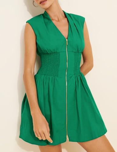 Image of Women's V Neck Summer Dress Cap Sleeve Zipper Mini Dress Smocked Slit Dress with Pockets