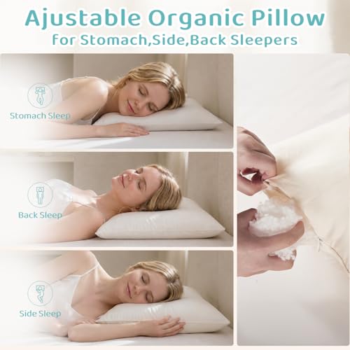 Image of Organic Pillow 20x26 with Cotton Case, Adjustable for Side Sleepers | Organic Cotton Shell, Adjustable Loft, Neck Pain Relief, OEKO-TEX Certified, Machine Washable, for Travel & Couch