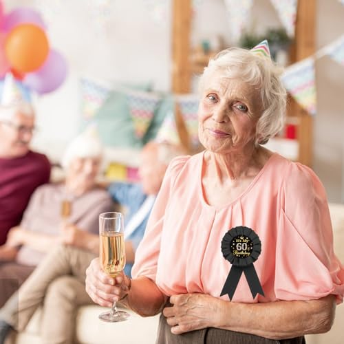 Image of It's My 60th Birthday Tinplate Badge Pin, Gold Diamond Happy 60th Birthday Button Pin, Black Rosette Sixty Award Ribbon for Women, Brooch Buttons for 60 Years Old Birthday Party Decoration