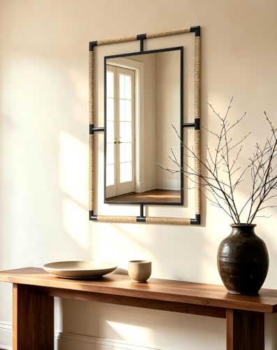 Image of Rectangular Mirror Farmhouse Rural: 35.4x23.6 inch Iron Rope Frame