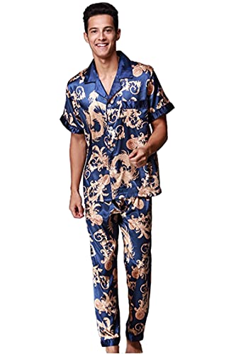 Men's Dragon Printed Sleepwears Button Down Satin Pajamas Set Long Silky Pjs