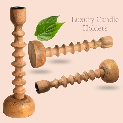 Image of Pure Source India Wooden Candle Holder for Taper Candles, Natural Mango Wood Vintage Style 26cm Tall Candle Stand for Fireplace Dining Table Centrepiece, Decorative Item for Home