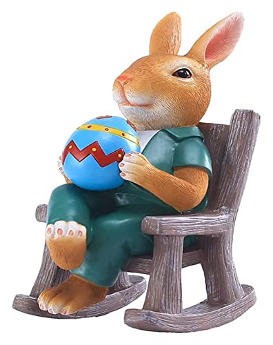 彫刻 置物・オブジェ スタチューイースターバニー置物ガーデンスタチューレジンウサギロッキングチェア付きエッグデコレーションパーティーデコレーション 工芸品の彫刻