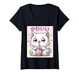 Photo Gallery donna carino gatto bere bubble tea boba lover kawaii neko anime maglietta con collo a v Photo Gallery donna carino gatto bere bubble tea boba lover kawaii neko anime maglietta con collo a v