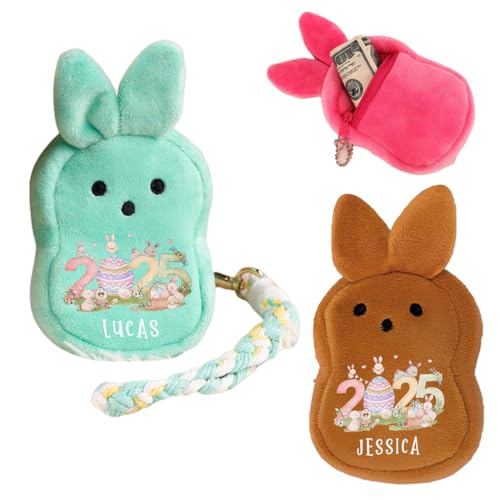 Custom Name Kids Wallet with Wristband for Boys Girls Personalized Easter Bunny Plush Wallet with Name Toddler Wallet Back to School Easter Gift for Kids Easter Eggs Coin Purse Easter Money Wallet