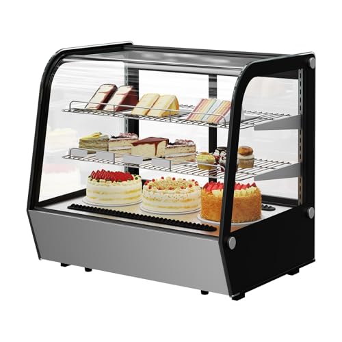 Malphi Commercial Countertop Refrigerated Display Case, 3-Tier Curved Glass Pastry/Dessert/Cake Cooler with LED Lighting, Stainless Steel Base for Bakery/Café/Delis, Temperature Control 32-41°F