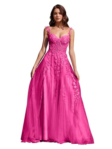 Image of Long Tulle Prom Dresses 2025 V Neck Floral Long Ball Gowns for Women Lace Applique Formal Evening Gowns ACE159