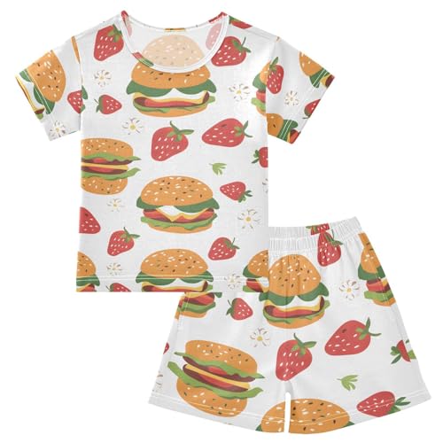 ALAZA Strawberry Hamburger White Pajamas Short Sleeve 2 Piece Sleepwear Top and Bottom Pajama Set Unisex