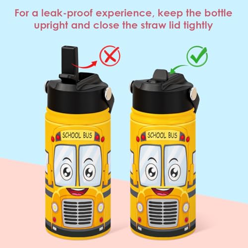 Image of SANDJEST Kid Water Bottle 12oz with Straw Lid - 2-Pack Insulated Stainless Steel Water Bottles for Kids Girls Boys - Travel Cup for Back to School Sports Christmas Birthday (Alphabet & School Bus)