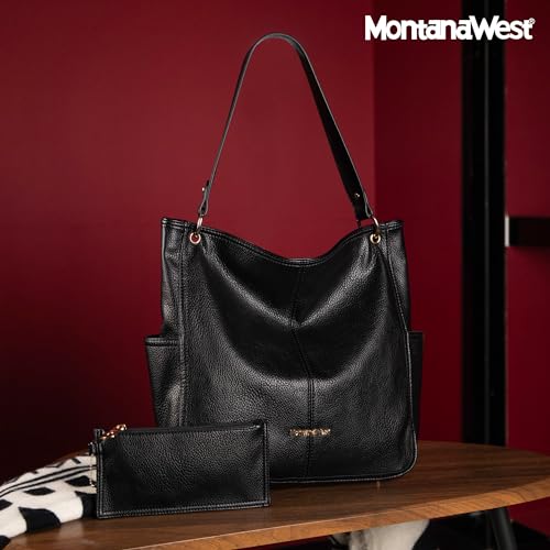 Image of Montana West Hobo Purse for Women 2pcs Handbag Set Shoulder Bag Soft Washed Leather Top Handle Satchel with Wallet MWC2-115BBK