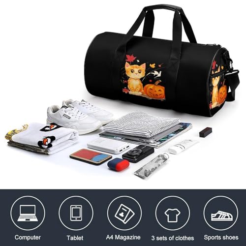 Fall Cat Maple Leaves Pumpkin Travel Duffle Bag Waterproof Sport Gym Bag Carry On Tote Bags for Men Women4