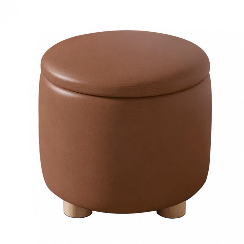 Pouf rotondo con contenitore, poggiapiedi in finta pelle, grande spazio di archiviazione, imbottito, sgabello per soggiorno, camera da letto, ingresso (marrone)