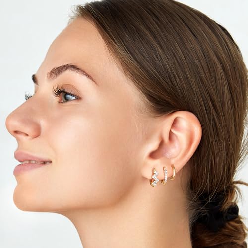 Surgical Steel Huggie Hoop Earrings Set for Multiple Piercing,Hypoallergenic CZ Small Earrings for Women Waterproof and Non Tarnish2
