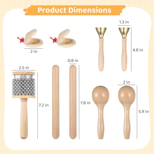 9 Pcs Musical Instruments Set, Wooden Hand Percussion Instruments, Including Wooden Cabasa, Rhythm Sticks, Maracas, Castanets, and Handle Bells - Thumbnail 2