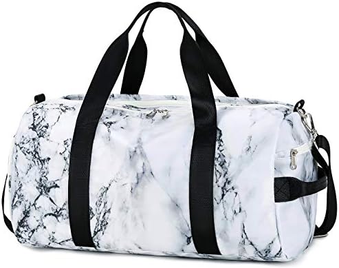 Sport Gym Duffle Travel Bag for Men Women Duffel with Shoe Compartment, Wet Pocket (Marble-White)