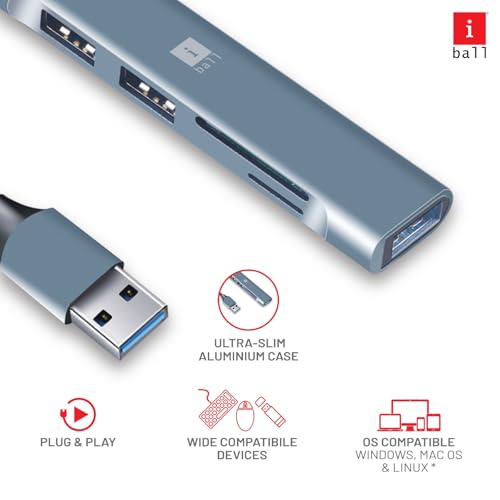 Image of Bridge 500 USB Hub + Card Reader Multifunctional Adapter, 5-in-1, 3-Port USB Hub (1-Port USB 3.0 + USB 2.0 x 3-Ports) + 2-Slots SD + TF Card Reader, Aluminium Case, Plug-N-Play, Widely Compatible