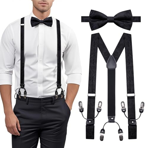 Image of YOHOWA Men Suspenders 6 Clips Strength Adjustable Y Braces Pre-Tied Bow Tie Set Formal Wedding Party