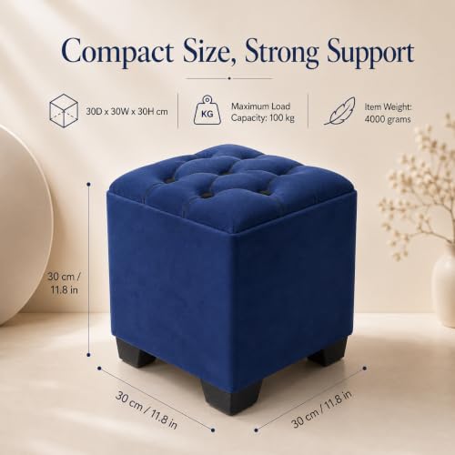 Image of ShadowKart Velvet Cube Ottoman | Seating Stool for Living Room | Soft Cushioned Footrest Stool with Durable Plastic Legs | Multipurpose Seating & Pouffe Home Decor, 12x12x14 inch (Royal Blue)