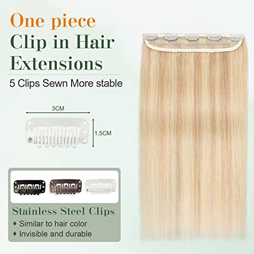 Image of Benehair One Piece Clip in Hair Extensions Real Human Hair Ombre Light Ash Brown Mixed Bleach Blonde Hair Extensions 16inch Straight Remy Human Hair 5 Clips Real Hair Extensions for Women