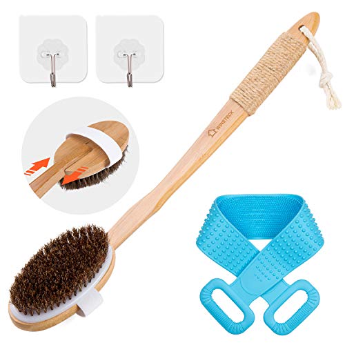 Shower Brush & Silicone Back Scrubber for Dry or Wet Brushing, Exfoliating with 100% Nature Horsehair, Long Handle Body Brush for Clean Body