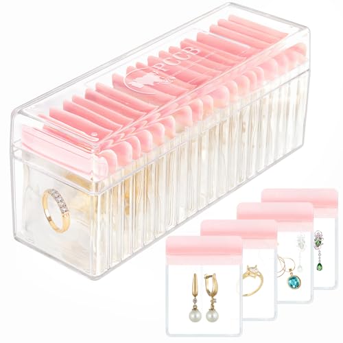 VELDIVIA Organizador de joyas de acrílico, organizador de joyas transparente y almacenamiento con 20 bolsas de joyería portátiles antideslustre, estuche de joyería de viaje para anillos, aretes,