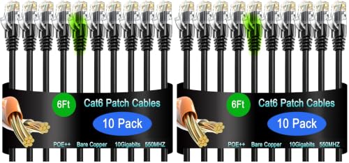 Image of Cat6 Ethernet Patch Cable 6 ft (20 Pack), Cat6 Patch Cable for Data Centers, Cat 6 Patch Cable 10G, Network Patch Cables for Home and Enterprise Network -Black