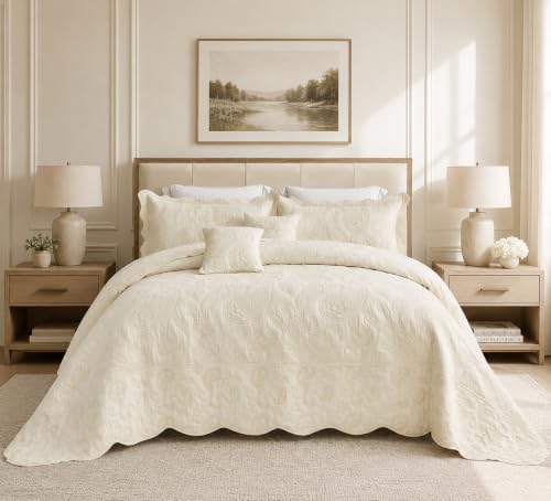 Image of HZ & HY Oversized King Bedspreads, Stitched Paisley, Ivory Yellow