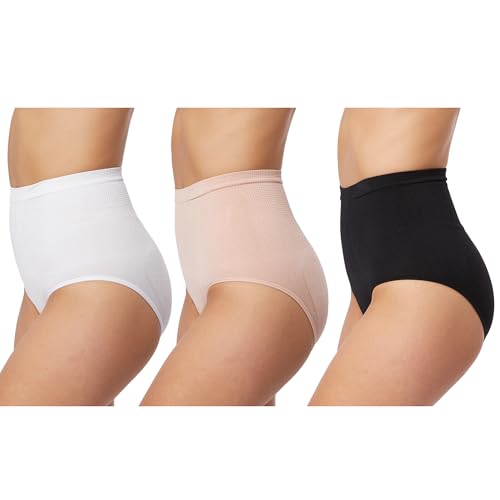 Skinnygirl Women's High Waist Tummy Control Seamless Shaping Briefs, 3-Pack (US, Alpha, Medium, Regular, Regular, Naked/White/Black)