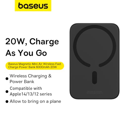 Carregador Portátil MagSafe, Baseus 6K mAh Wireless Magnético com Cabo Tipo-C 20W PD Carregamento Rá