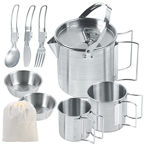 BILIPLE Camping Kochgeschirr Set Edelstahl Camping Topf 1.2L Becher Wasser Tasse Outdoor Kochen Wasserkocher Camping Kochtopf Edelstahl Tasse Becher für Camping Wandern Angeln Picknick Cover