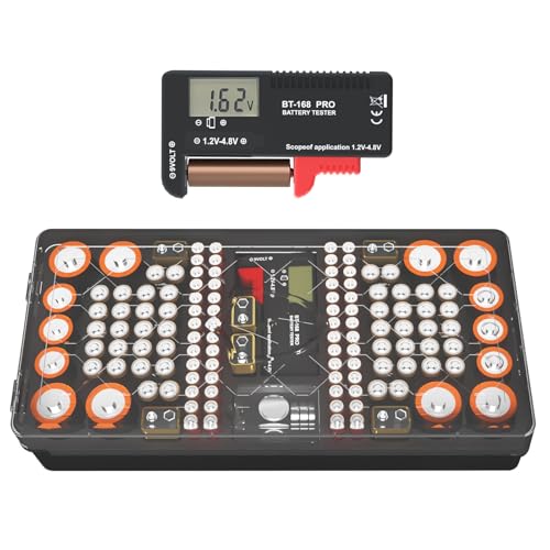 Battery Organizer Storage Case with Tester, Stores & Protects Up to 136 Batteries, Holds AAA AA C D 9V Button Cell with Clear Locking Lid for Home & Garage (Holds 136 Batteries)