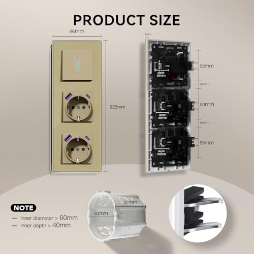 BSEED Lichtschalter mit Steckdose USB C 20W, Schnellladen Wandsteckdose mit Unterputz Schalter, Wechselschlter Mit Krallen, NEU E-Serie,1 Fach 1 Weg,Gold 228mm